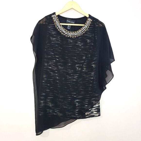 Frank Lyman Size 6 Small Black Grey Layered Asymmetrical Beaded Scoop Neck Top - Picture 1 of 11